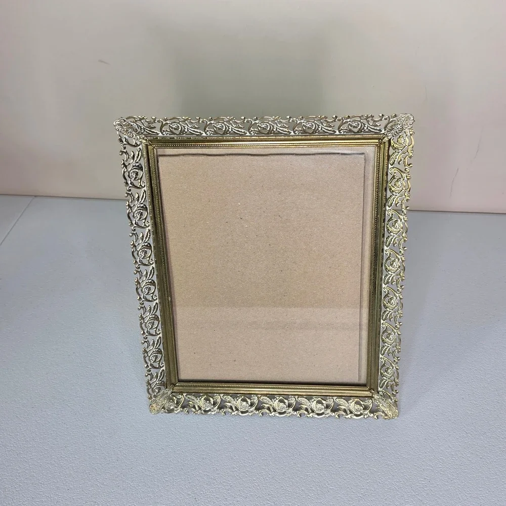 Vintage 60s Picture Frame 8x10 Gold Ornate Filigree Metal Scroll Cottagecore